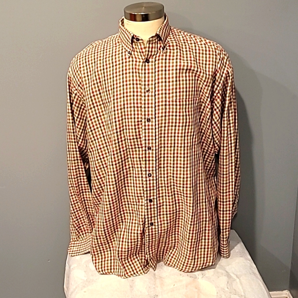 AUTH BURBERRY LONDON BLACK RED YELLOW STRIPE CHECK COTTON FITTED SHIRT SIZE 2XT